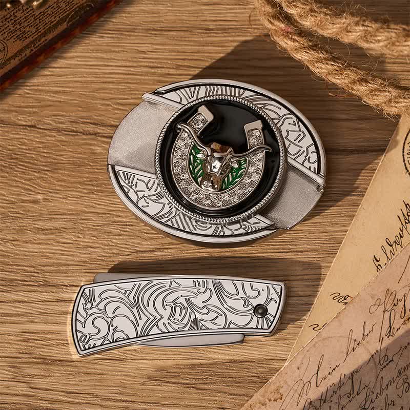 Cintura in pelle con fibbia a coltello pieghevole nascosto fai-da-te a forma di toro Longhorn con strass e ferro di cavallo. - image 9