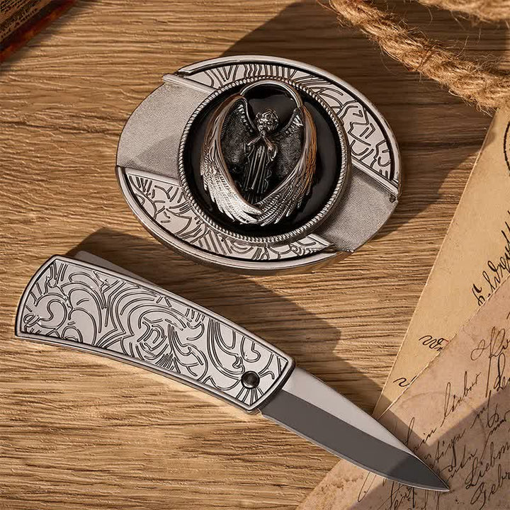 Cintura in pelle con fibbia a scomparsa a forma di angelo custode in preghiera gotica. - image 1