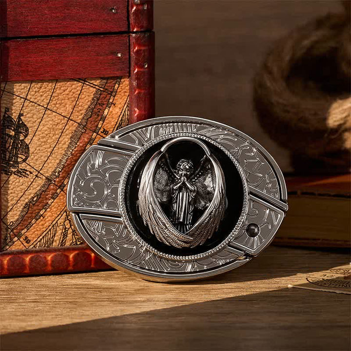 Cintura in pelle con fibbia a scomparsa a forma di angelo custode in preghiera gotica. - Angelo custode - Senza cintura - Cintura non inclusa - image 0