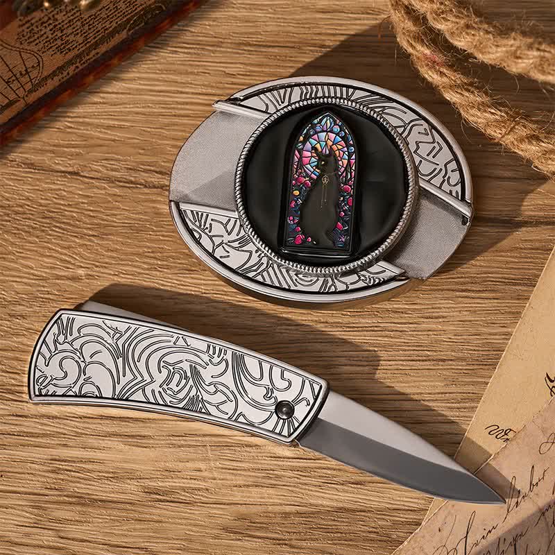 Cintura in pelle con fibbia a coltello pieghevole nascosto fai-da-te a tema gatto nero dell'ora delle streghe - image 1