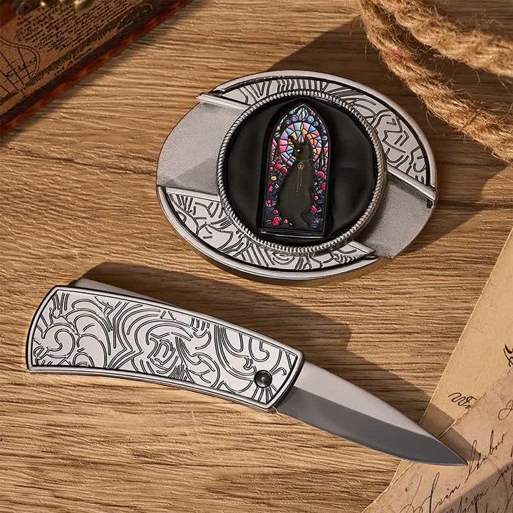 Cintura in pelle con fibbia a coltello pieghevole nascosto fai-da-te a tema gatto nero dell'ora delle streghe - image 1