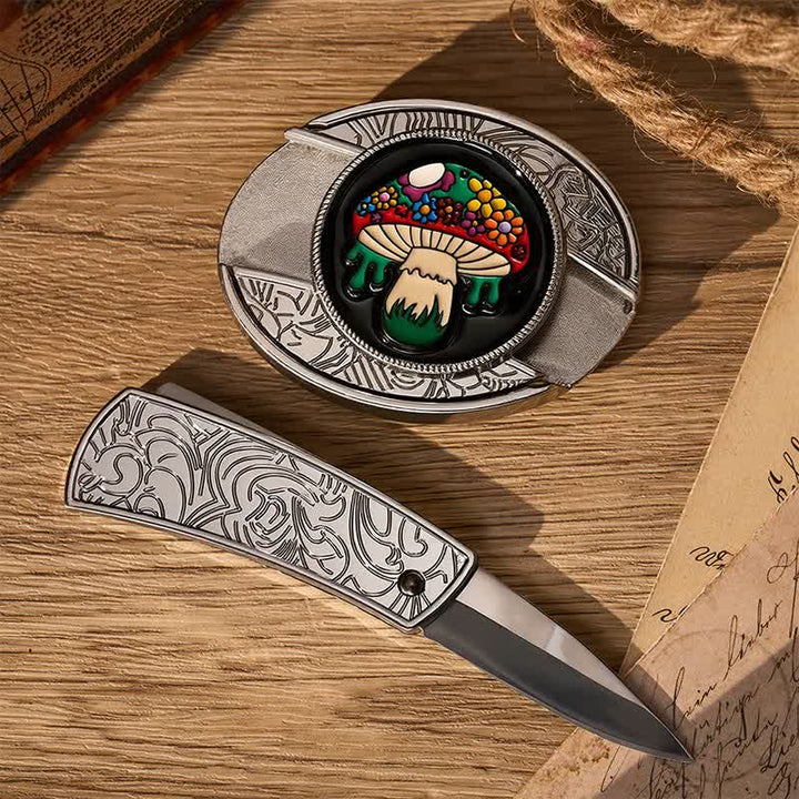 Cintura in pelle con fibbia a scomparsa a forma di fungo hippie colorato fai-da-te con coltello pieghevole. - image 1