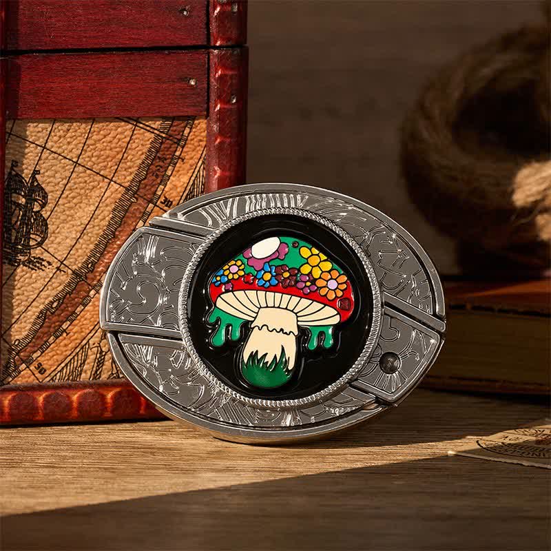 Cintura in pelle con fibbia a scomparsa a forma di fungo hippie colorato fai-da-te con coltello pieghevole. - Fungo colorato - Senza cintura - Cintura non inclusa - image 0