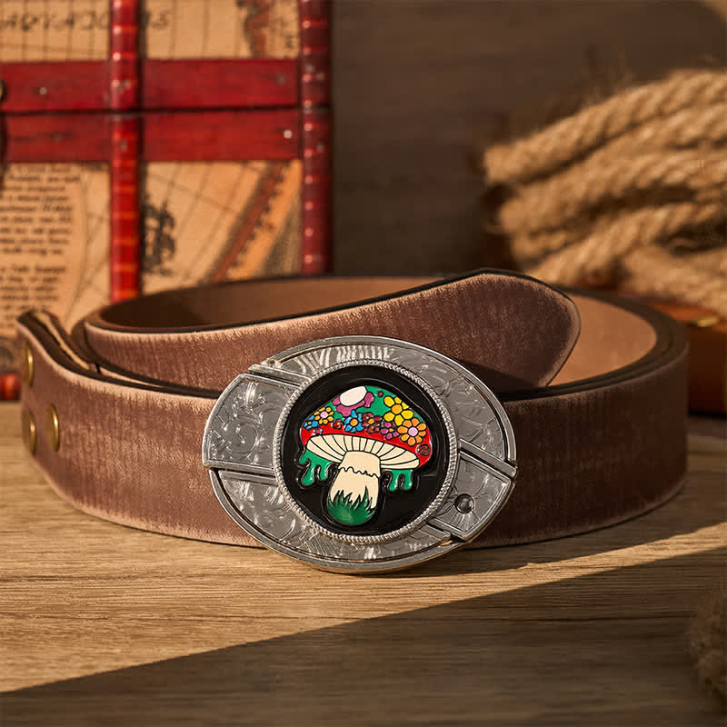 Cintura in pelle con fibbia a scomparsa a forma di fungo hippie colorato fai-da-te con coltello pieghevole. - Fungo colorato - Cintura marrone effetto invecchiato - 42 - image 5
