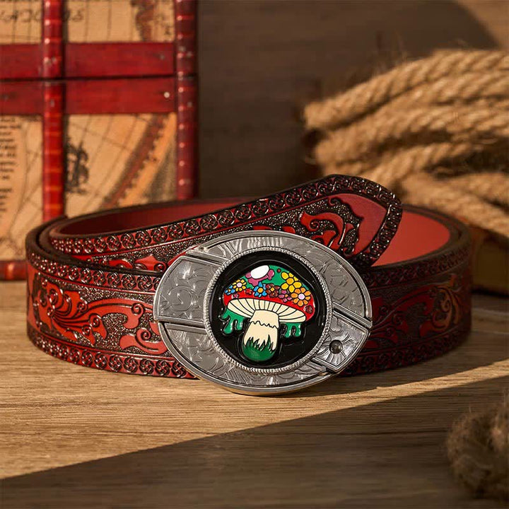 Cintura in pelle con fibbia a scomparsa a forma di fungo hippie colorato fai-da-te con coltello pieghevole. - Fungo colorato - Cintura intagliata marrone - 42 - image 6