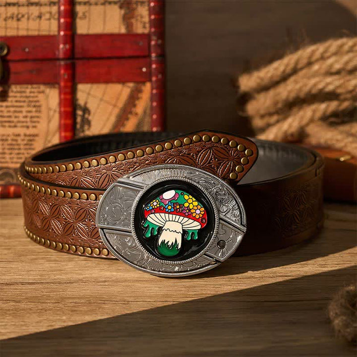 Cintura in pelle con fibbia a scomparsa a forma di fungo hippie colorato fai-da-te con coltello pieghevole. - Fungo colorato - Cintura con rivetti marroni - 42 - image 4