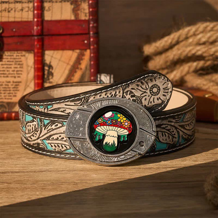 Cintura in pelle con fibbia a scomparsa a forma di fungo hippie colorato fai-da-te con coltello pieghevole. - Fungo colorato - Cintura grigia a fiori - 42 - image 8