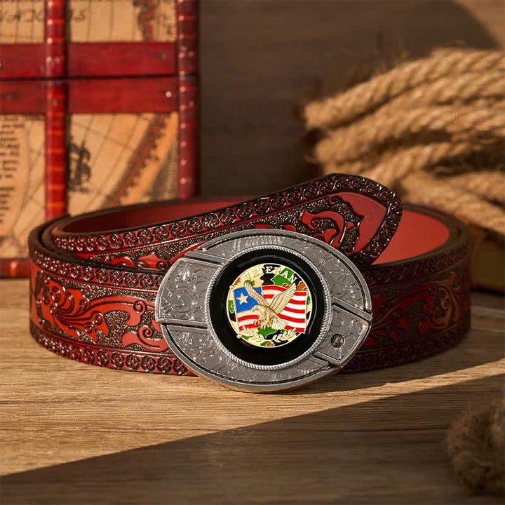 Cintura in pelle con fibbia a scomparsa per coltello pieghevole fai-da-te con bandiera americana e aquila mimetica. - Aquila e bandiera mimetiche - Cintura intagliata marrone - 42 - image 6