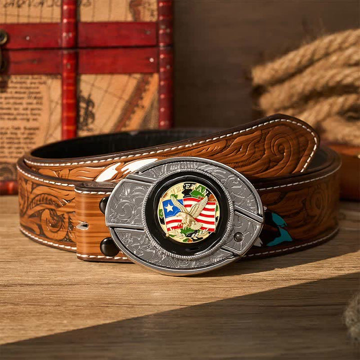 Cintura in pelle con fibbia a scomparsa per coltello pieghevole fai-da-te con bandiera americana e aquila mimetica. - Aquila e bandiera mimetiche - Cintura di piume marroni - 40 - image 7