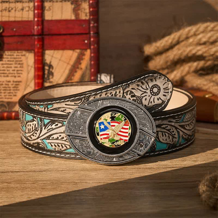 Cintura in pelle con fibbia a scomparsa per coltello pieghevole fai-da-te con bandiera americana e aquila mimetica. - Aquila e bandiera mimetiche - Cintura grigia a fiori - 42 - image 8