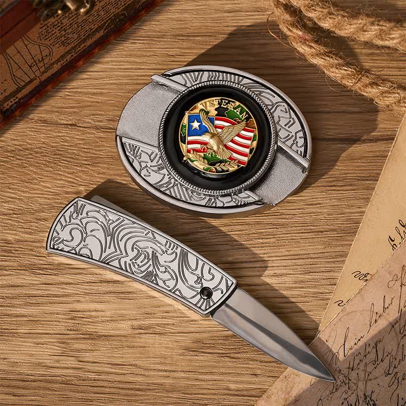 Cintura in pelle con fibbia a scomparsa per coltello pieghevole fai-da-te con bandiera americana e aquila mimetica. - image 1