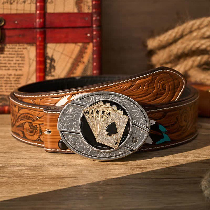 Cintura in pelle con fibbia a coltello pieghevole nascosto fai-da-te stile cowboy, brillante Royal Flush. - Scala reale d'oro - Cintura di piume marroni - 40 - image 7
