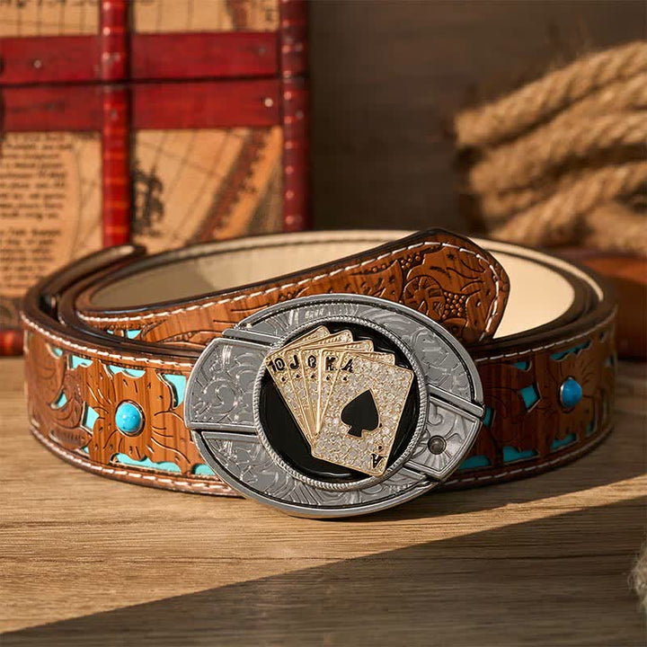 Cintura in pelle con fibbia a coltello pieghevole nascosto fai-da-te stile cowboy, brillante Royal Flush. - Scala reale d'oro - Cintura turchese intagliata - 42 - image 3