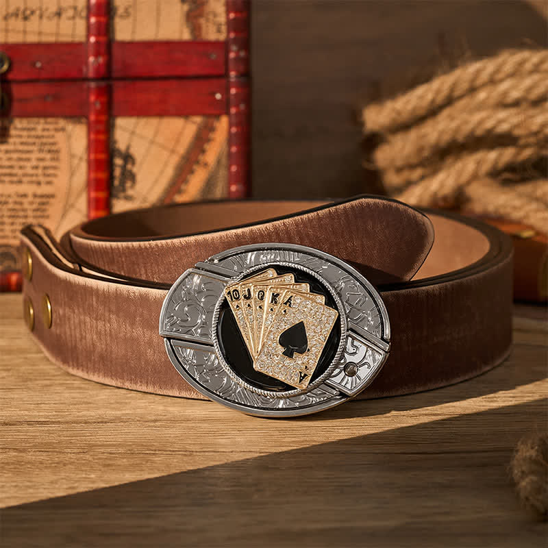 Cintura in pelle con fibbia a coltello pieghevole nascosto fai-da-te stile cowboy, brillante Royal Flush. - Scala reale d'oro - Cintura marrone effetto invecchiato - 42 - image 5