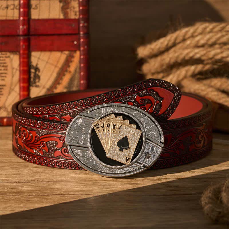 Cintura in pelle con fibbia a coltello pieghevole nascosto fai-da-te stile cowboy, brillante Royal Flush. - Scala reale d'oro - Cintura intagliata marrone - 42 - image 6