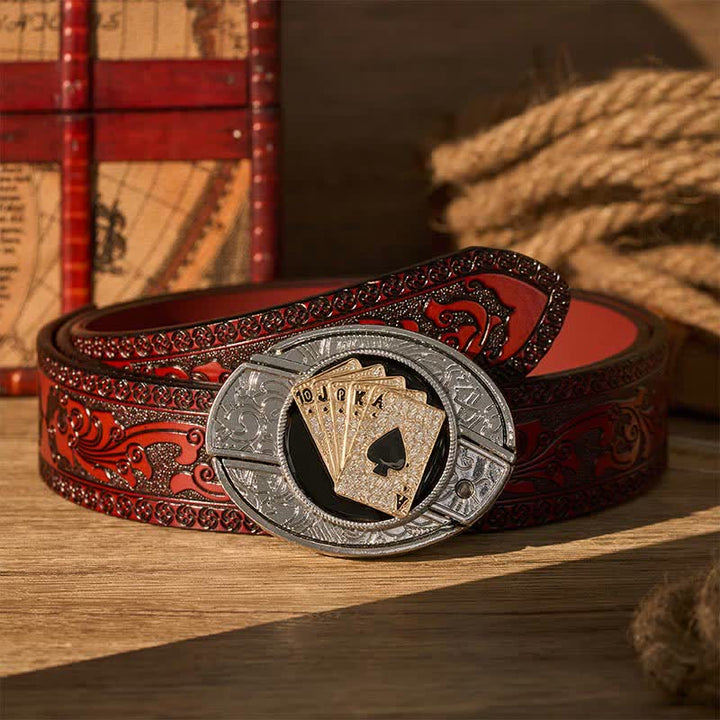 Cintura in pelle con fibbia a coltello pieghevole nascosto fai-da-te stile cowboy, brillante Royal Flush. - Scala reale d'oro - Cintura intagliata marrone - 42 - image 6