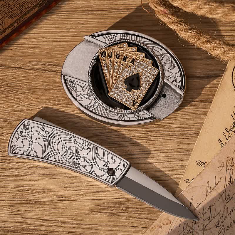 Cintura in pelle con fibbia a coltello pieghevole nascosto fai-da-te stile cowboy, brillante Royal Flush. - image 1