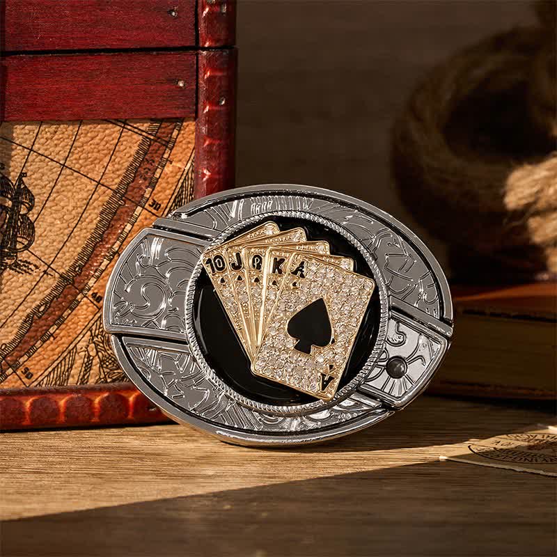 Cintura in pelle con fibbia a coltello pieghevole nascosto fai-da-te stile cowboy, brillante Royal Flush. - Scala reale d'oro - Senza cintura - Cintura non inclusa - image 0