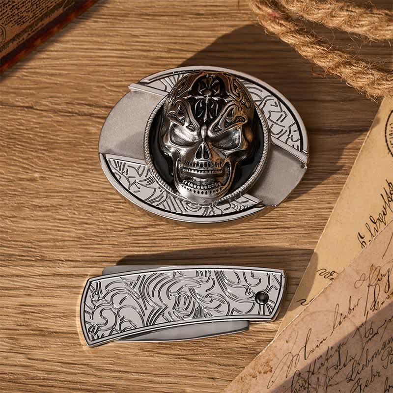 Cintura in pelle con fibbia a coltello pieghevole nascosto in stile gotico barocco e teschio gotico fai-da-te - image 9