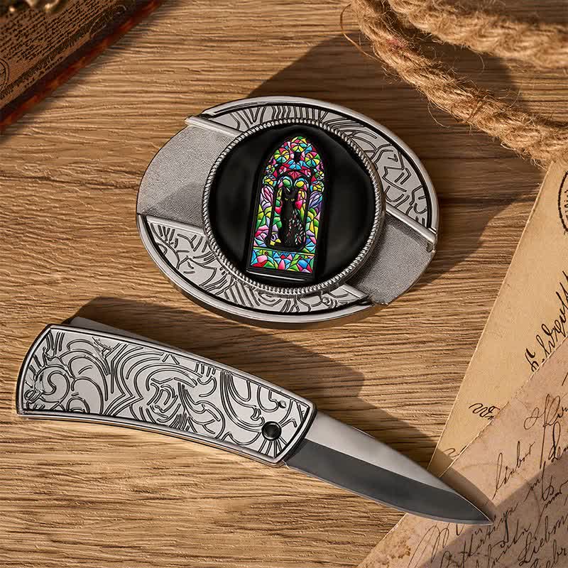 Cintura in pelle con fibbia a coltello pieghevole nascosto fai-da-te a forma di gatto nero colorato e finestra carina. - image 1