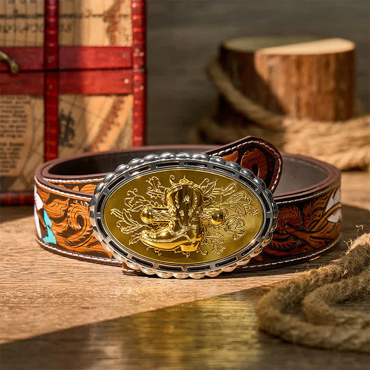Cintura in pelle con fibbia fai da te, fibbia da cowboy western e sperone placcati in oro. Cintura in pelle fai da te. - Oro - Cintura di piume marroni - 40 - image 7