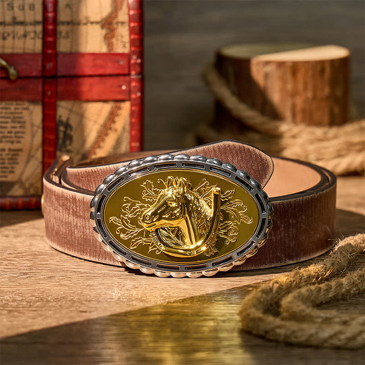 Cintura in pelle fai da te con fibbia dorata a forma di ferro di cavallo e testa di cavallo portafortuna - Oro - Cintura marrone effetto invecchiato - 42 - image 5
