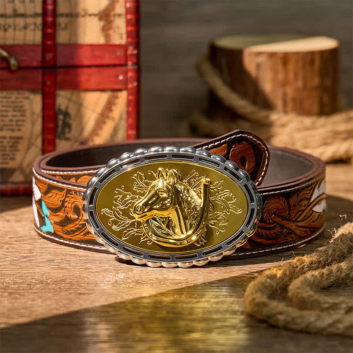 Cintura in pelle fai da te con fibbia dorata a forma di ferro di cavallo e testa di cavallo portafortuna - Oro - Cintura di piume marroni - 40 - image 7