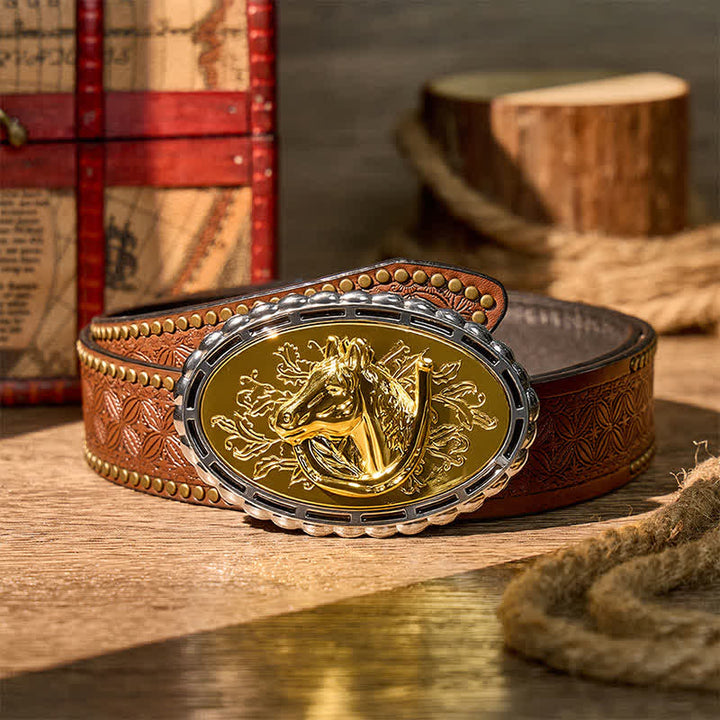 Cintura in pelle fai da te con fibbia dorata a forma di ferro di cavallo e testa di cavallo portafortuna - Oro - Cintura con rivetti marroni - 42 - image 4