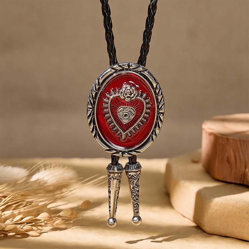 Cravatta bolo vintage Western rossa con rilievo del Sacro Cuore - image 6