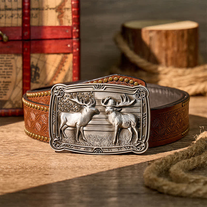 Cintura in pelle con fibbia fai-da-te, due alci e tema patriottico "Duelf Western" in stile western. - Argento - Cintura con rivetti marroni - 42 - image 4