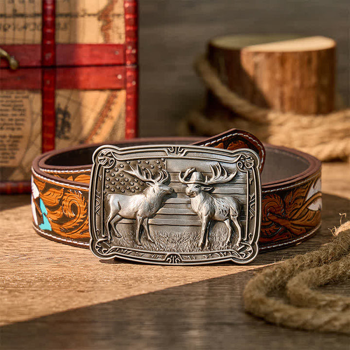 Cintura in pelle con fibbia fai-da-te, due alci e tema patriottico "Duelf Western" in stile western. - Argento - Cintura di piume marroni - 40 - image 7