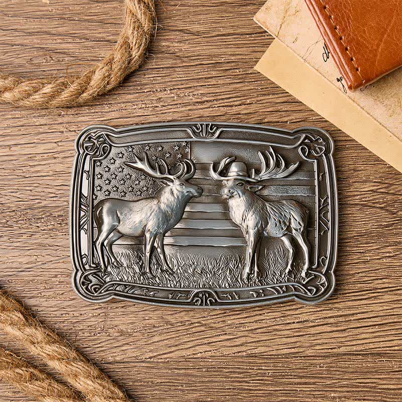 Cintura in pelle con fibbia fai-da-te, due alci e tema patriottico "Duelf Western" in stile western. - image 1