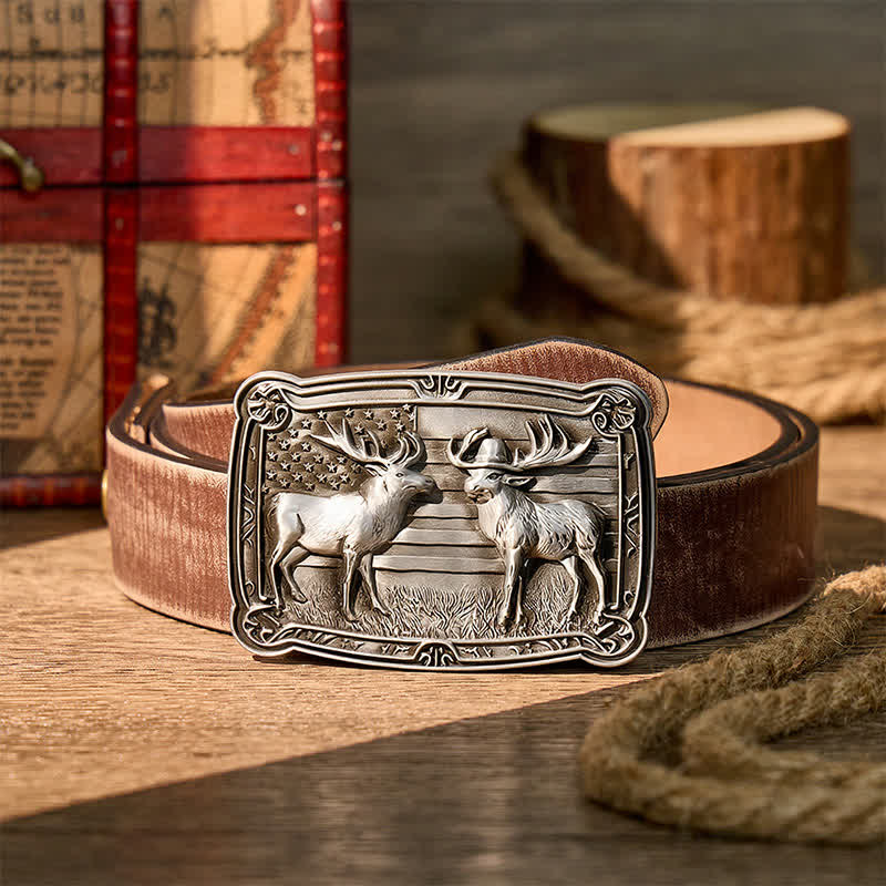 Cintura in pelle con fibbia fai-da-te, due alci e tema patriottico "Duelf Western" in stile western. - Argento - Cintura marrone effetto invecchiato - 42 - image 5