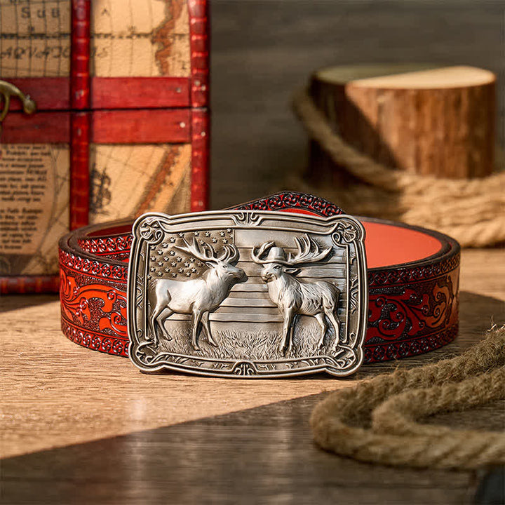 Cintura in pelle con fibbia fai-da-te, due alci e tema patriottico "Duelf Western" in stile western. - Argento - Cintura intagliata marrone - 42 - image 6
