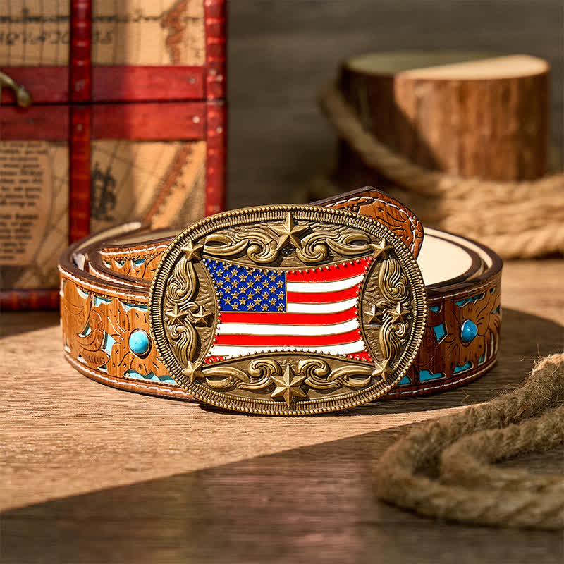 Cintura in pelle fai da te con fibbia patriottica a forma di bandiera americana smaltata. - Bronzo - Cintura turchese intagliata - 42 - image 3