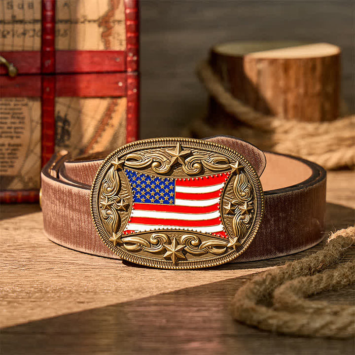 Cintura in pelle fai da te con fibbia patriottica a forma di bandiera americana smaltata. - Bronzo - Cintura marrone effetto invecchiato - 42 - image 5