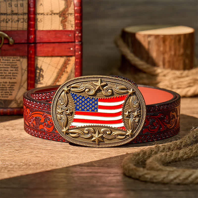 Cintura in pelle fai da te con fibbia patriottica a forma di bandiera americana smaltata. - Bronzo - Cintura intagliata marrone - 42 - image 6