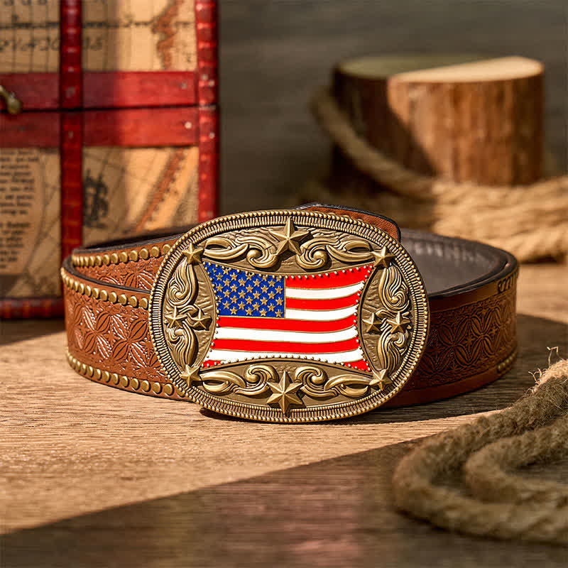 Cintura in pelle fai da te con fibbia patriottica a forma di bandiera americana smaltata. - Bronzo - Cintura con rivetti marroni - 42 - image 4