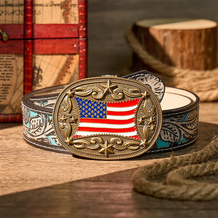 Cintura in pelle fai da te con fibbia patriottica a forma di bandiera americana smaltata. - Bronzo - Cintura grigia a fiori - 42 - image 8