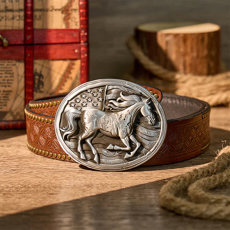 Cintura in pelle fai-da-te con fibbia a bandiera americana patriottica Freedom Gallop - Argento - Cintura con rivetti marroni - 42 - image 4