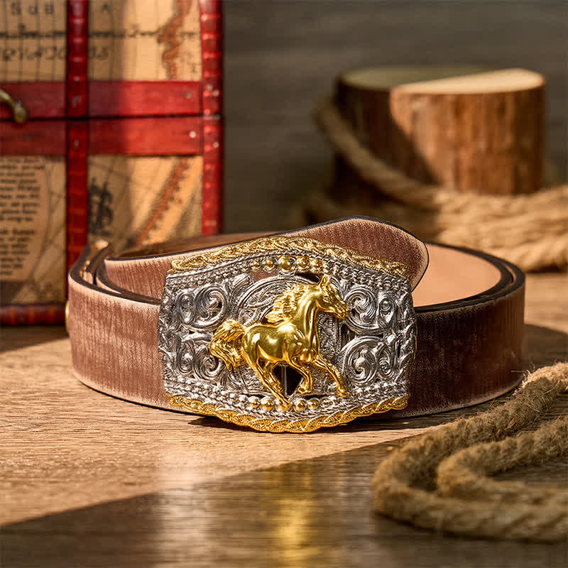 Cintura in pelle bicolore con fibbia fai-da-te a tema cowboy, cavaliere di cavalli selvaggi e cavallo selvaggio. - Cavallo selvatico - Cintura marrone effetto invecchiato - 42 - image 5