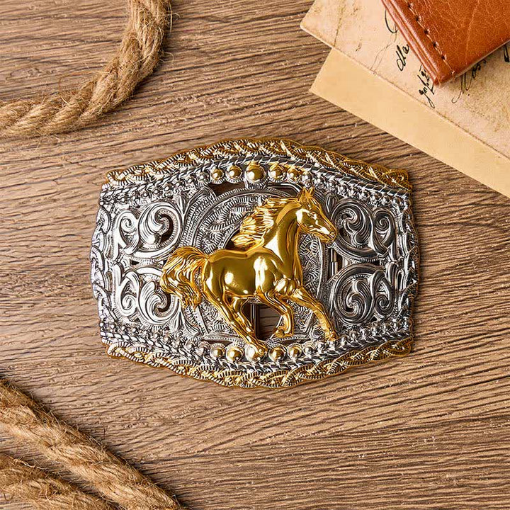 Cintura in pelle bicolore con fibbia fai-da-te a tema cowboy, cavaliere di cavalli selvaggi e cavallo selvaggio. - image 1