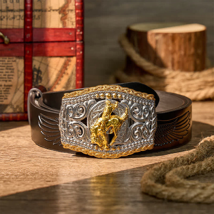 Cintura in pelle bicolore con fibbia fai-da-te a tema cowboy, cavaliere di cavalli selvaggi e cavallo selvaggio. - Cavaliere del Bronco - Cintura nera con aquila in rilievo - 42 - image 11