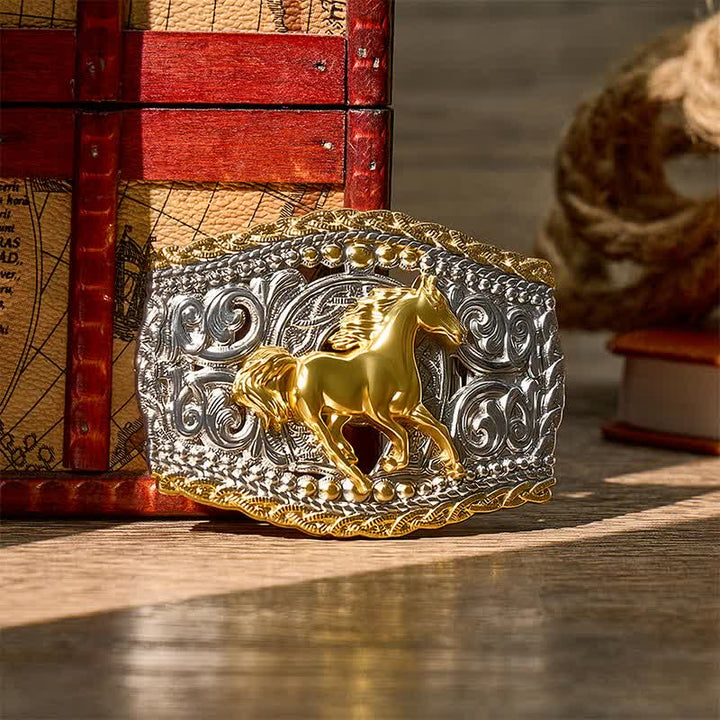 Cintura in pelle bicolore con fibbia fai-da-te a tema cowboy, cavaliere di cavalli selvaggi e cavallo selvaggio. - Cavallo selvatico - Senza cintura - Cintura non inclusa - image 0