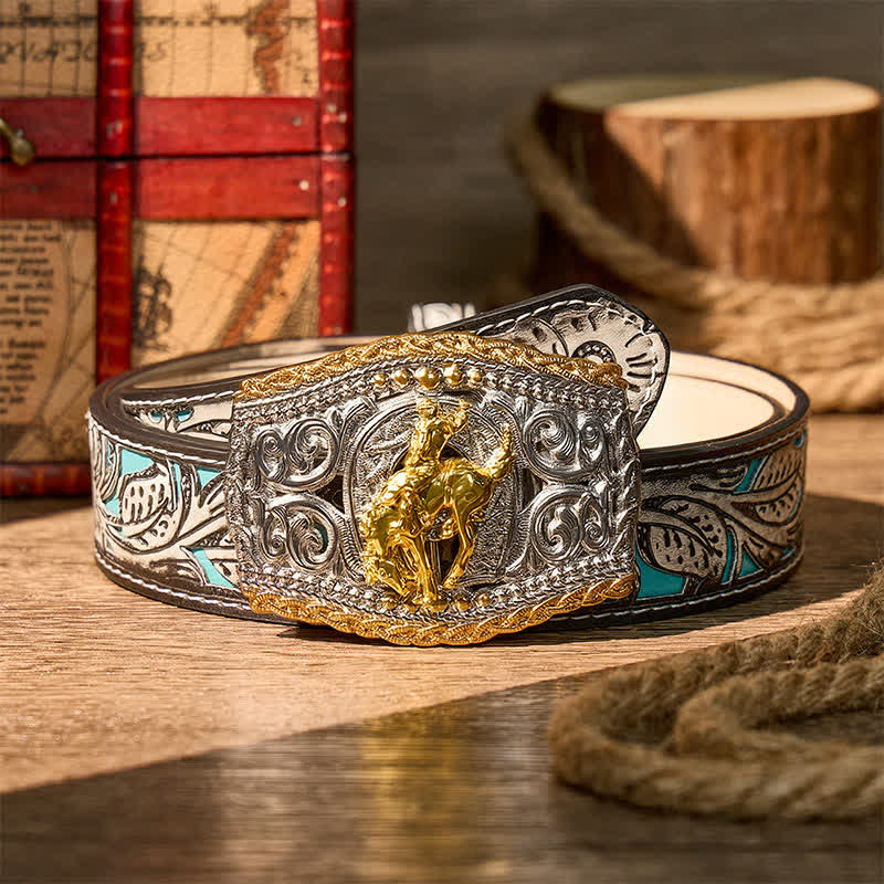 Cintura in pelle bicolore con fibbia fai-da-te a tema cowboy, cavaliere di cavalli selvaggi e cavallo selvaggio. - Cavaliere del Bronco - Cintura grigia a fiori - 42 - image 17