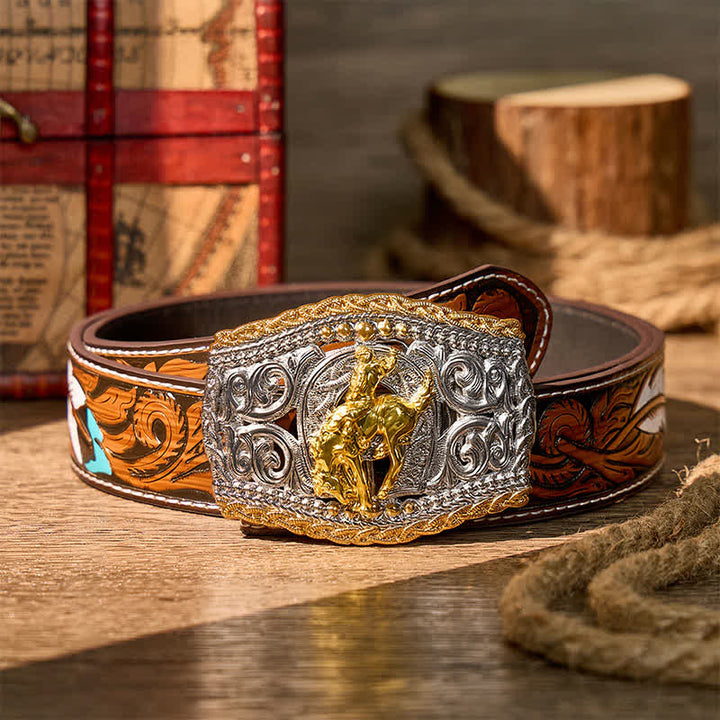 Cintura in pelle bicolore con fibbia fai-da-te a tema cowboy, cavaliere di cavalli selvaggi e cavallo selvaggio. - Cavaliere del Bronco - Cintura di piume marroni - 40 - image 16