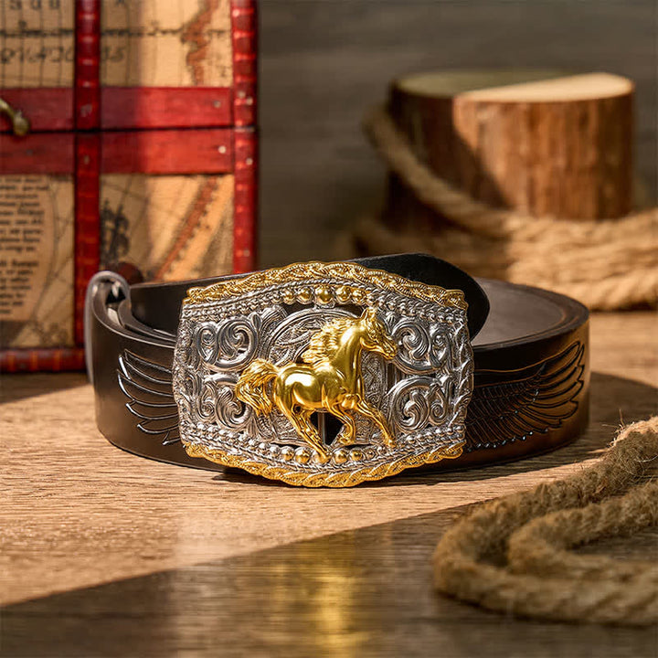 Cintura in pelle bicolore con fibbia fai-da-te a tema cowboy, cavaliere di cavalli selvaggi e cavallo selvaggio. - Cavallo selvatico - Cintura nera con aquila in rilievo - 42 - image 2