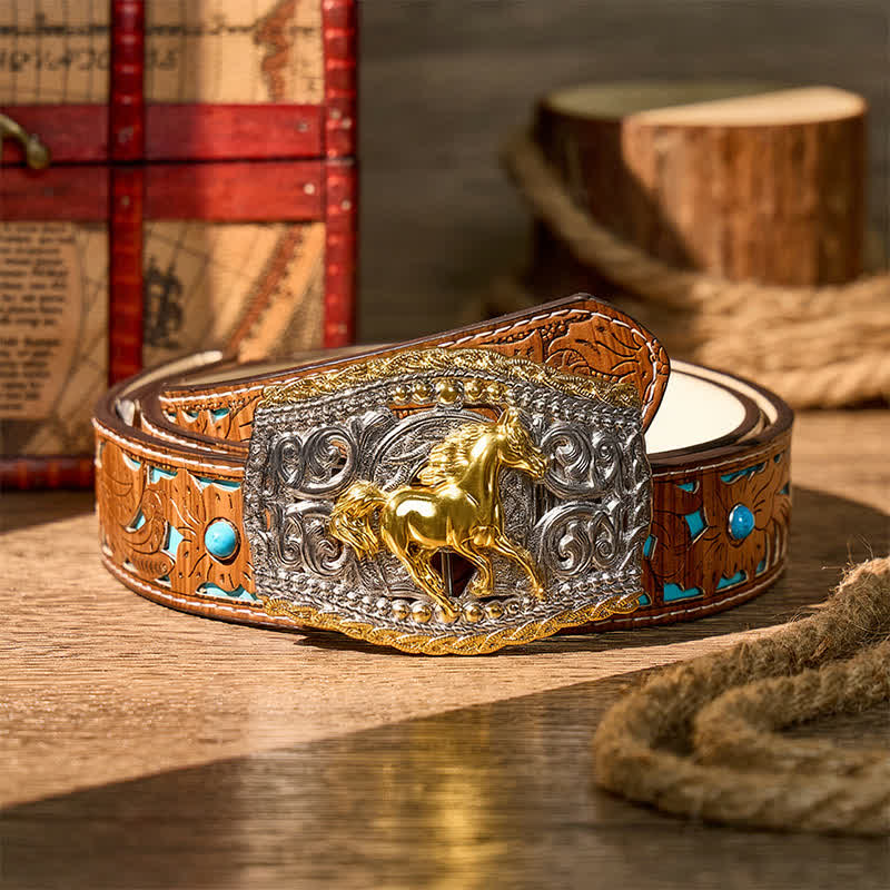 Cintura in pelle bicolore con fibbia fai-da-te a tema cowboy, cavaliere di cavalli selvaggi e cavallo selvaggio. - Cavallo selvatico - Cintura turchese intagliata - 42 - image 3