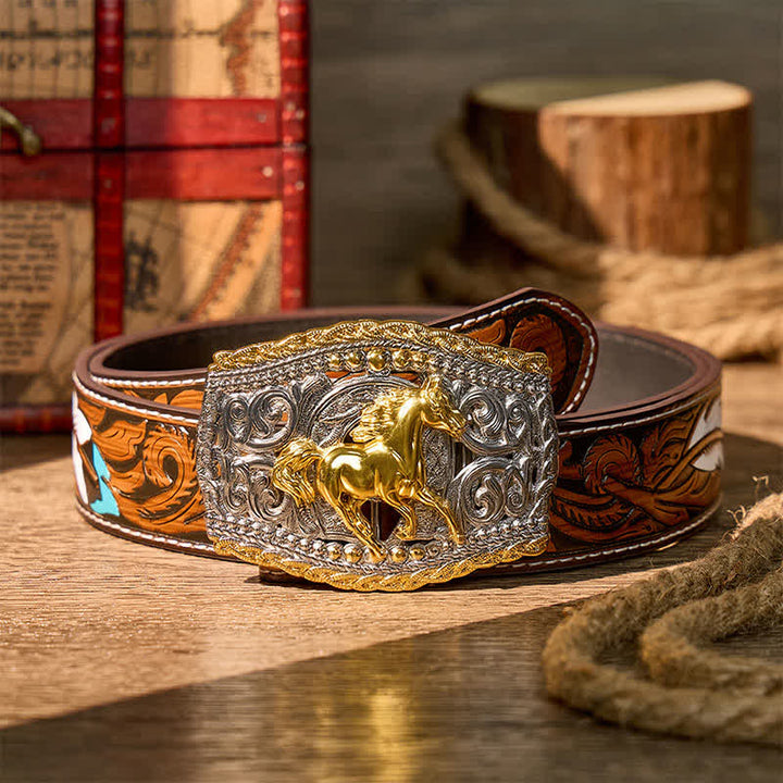 Cintura in pelle bicolore con fibbia fai-da-te a tema cowboy, cavaliere di cavalli selvaggi e cavallo selvaggio. - Cavallo selvatico - Cintura di piume marroni - 40 - image 7