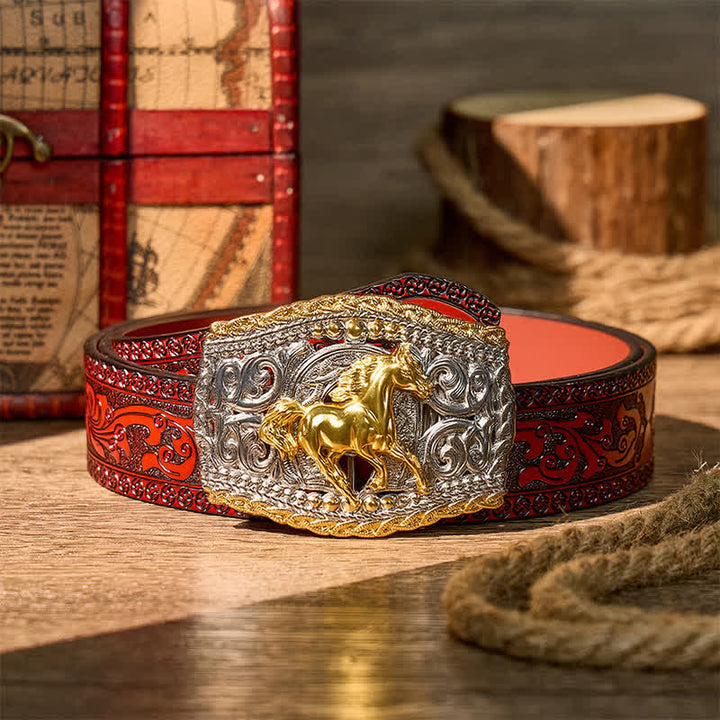 Cintura in pelle bicolore con fibbia fai-da-te a tema cowboy, cavaliere di cavalli selvaggi e cavallo selvaggio. - Cavallo selvatico - Cintura intagliata marrone - 42 - image 6